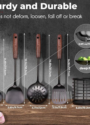 MARTE 18/10 Stainless Steel Cooking Utensil Set with Holder - 5 PCS Kitchen Serving Utensils Set - Spatula,Soup Ladle,Skimmer Slotted Spoon,Turner Spatula - Black Cooking Tools - Dishwasher Safe