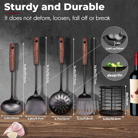 MARTE 18/10 Stainless Steel Cooking Utensil Set with Holder - 5 PCS Kitchen Serving Utensils Set - Spatula,Soup Ladle,Skimmer Slotted Spoon,Turner Spatula - Black Cooking Tools - Dishwasher Safe