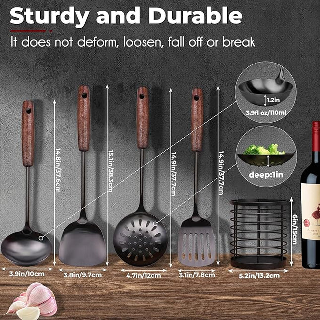 MARTE 18/10 Stainless Steel Cooking Utensil Set with Holder - 5 PCS Kitchen Serving Utensils Set - Spatula,Soup Ladle,Skimmer Slotted Spoon,Turner Spatula - Black Cooking Tools - Dishwasher Safe