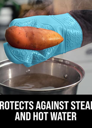 BPA-Free Soft Silicone Oven Mitts - Ultra Heat Resistant Oven Mitts with Thick Cotton Liner - Extra Long Slip Resistant Pot Holders, Flexible Oven Gloves - Aqua/Black 14.7"