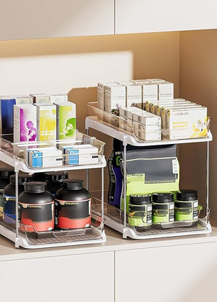 Delamu 2-Tier Multi-Purpose Bathroom Under Sink Organizers and Storage, Stackable Kitchen Pantry Organization, Pull Out Medicine Cabinet Organizer with Movable Dividers, White, 2 Pack