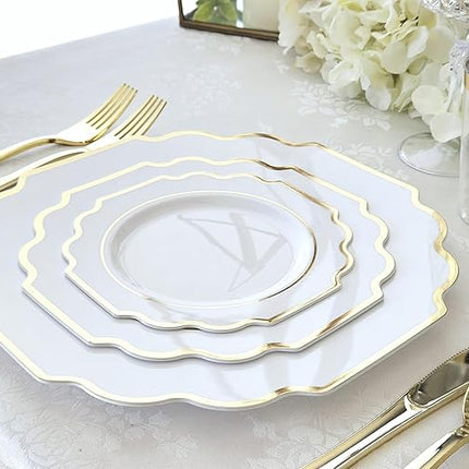 " OCCASIONS " 50 Plates Pack (25 Guests)-Heavyweight Wedding Party Disposable Plastic Plate Set -(25x10.5'' Dinner + 25x8'' Salad/Dessert) (Imperial White & Gold)