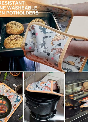Pot Holders Set of 2 Heat Resistant 480℉ Kitchen 100% Cotton Comfortable Lining Printing Fox Flower Women Men Home Cooking Baking Microwave BBQ Gift (Cat potholder)