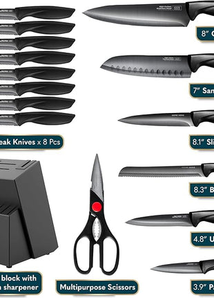 Home Hero Kitchen Knife Set - Wooden Knife Block Organizer - High Carbon Stainless Steel Blades - Ergonomic Handles with Built-In Sharpener & Kitchen Scissors - 16-Pc, Black