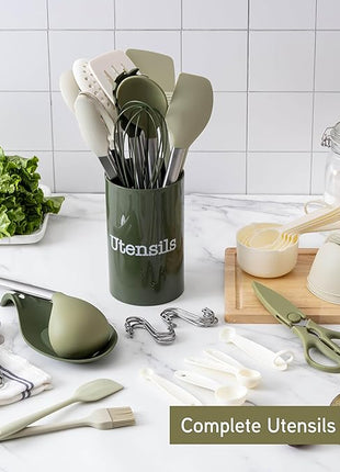 COOK WITH COLOR Silicone Cooking Utensils, Kitchen Utensil Set, Easy to Clean Silicone Kitchen Utensils, Cooking Utensils for Nonstick Cookware, Kitchen Gadgets Set, 38 Piece, Green