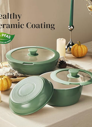 Redchef Ceramic Cookware Set, Removable Handle Pots and Pans Non-Stick, Rv Cookware Set, Non-Toxic Pots and Pans Set No PFAS, PTFE, PFOA, Detachable Pots and Pans, Dishwasher & Oven Safe (Green)