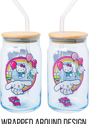 Silver Buffalo Sanrio Hello Kitty & Friends Floating Car Balloons Featuring Cinnamoroll, Pochacco, and Keroppi Glass Jar Tumbler with Bamboo Lid and Glass Straw, 16 Ounces (Pack of 12)