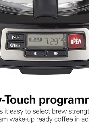 Hamilton Beach 5 Cup Drip Coffee Maker with Easy FrontFill Basket, Compact Design, Programmable Clock, Glass Carafe, Auto Pause and Pour, Black & Stainless Steel (46111)