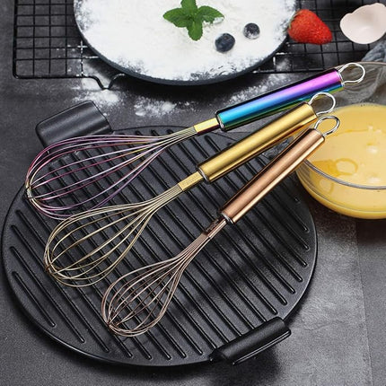 Berglander Colorful Whisks Set - Stainless Steel 8" Gold, 10" Rose Gold, 12" Rainbow Wire Whisks for Cooking