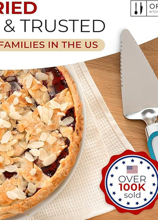 Orblue Pie Server, Essential Kitchen Tool, Serrated on Both Sides, Great for Right or Left Handed Chef, Stainless Steel Flatware, Cake Cutter, Blue