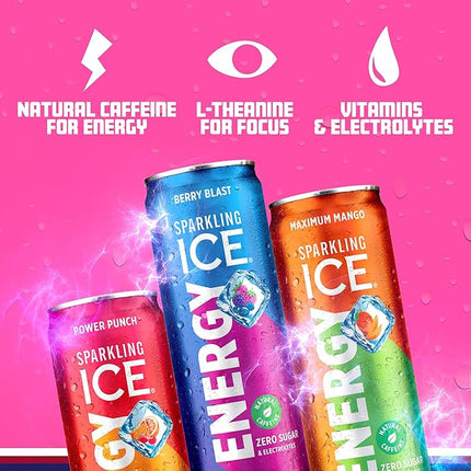 Sparkling Ice Energy Variety 12Pk. Energy Drinks with Vitamins + Antioxidants, Zero Sugar, Berry Blast, Maximum Mango, Power Punch flavors. 12 fl oz cans.