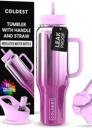 Coldest Tumbler with Handle and Straw - 100% Spill Proof Tumbler with Straw (3 Lids) - Stainless Steel Insulated Leakproof Tumblers for Women & Men - Cup Holder Friendly - 46 oz (Verbena Nova)