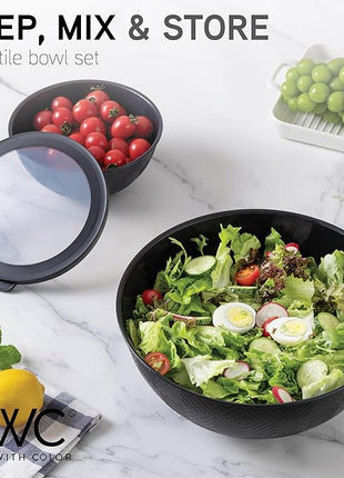 COOK WITH COLOR Mixing Bowls with Lids - 12 Piece Plastic Nesting Bowls Set includes 6 Prep Bowls and 6 Lids, Rhombus Design - Microwave Safe (Black)