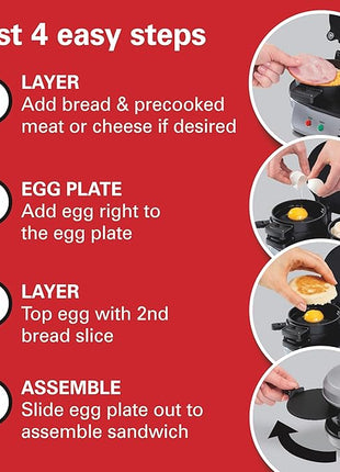 Hamilton Beach Dual Breakfast Sandwich Maker with Timer, Ready in 5 Minutes, Removable Dishwasher Safe PFAS-Free Non-Stick Egg Cooker Ring, Silver (25490MNA)