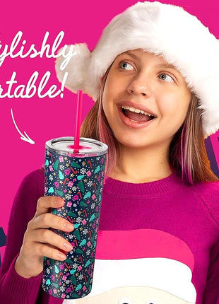 Dragon Glassware x Barbie 24 oz Insulated Stainless Steel Tumbler with Lid and 2 Straws - Festive Holiday Travel Coffee Tumbler Cup to Keep Drinks Hot or Cold, Fits Cup Holders - Christmas Theme
