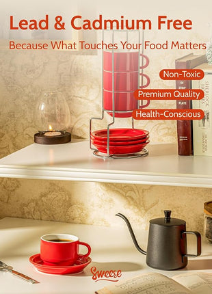 Sweese 8 Ounce Porcelain Stackable Cappuccino Cups with Saucers and Metal Stand - for Specialty Coffee Drinks, Cappuccino, Latte, Americano and Tea - Set of 4, Red