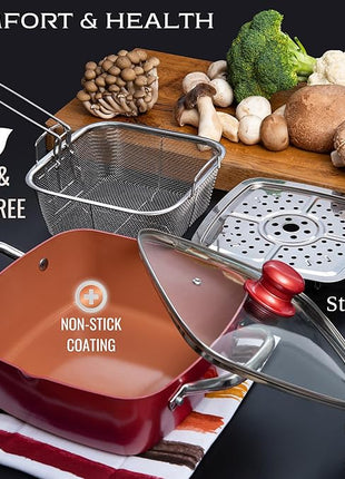 Moss & Stone 5 Pcs Red Copper Chef Cookware Non Stick Deep Frying Pan, Fry Basket, Steamer Rack, Dishwasher & Oven Safe, 5 Qt Deep Square Pan, Induction Copper Cookware Set - 9.5" x 3.5"