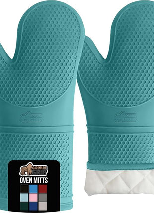 GORILLA GRIP BPA-Free Soft Silicone Oven Mitts, 14.5x8.3, Heat Resistant and Waterproof Cooking Gloves, Thick Cotton Lining, Flexible Gripping for Baking Grilling, Kitchen Potholders Set, Turquoise
