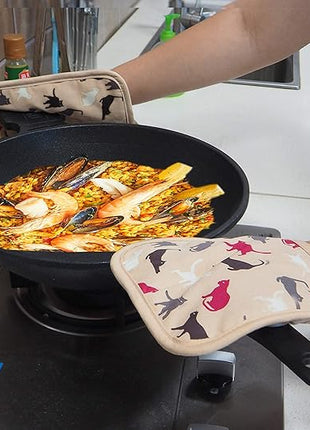 Pot Holders Set of 2 Heat Resistant 480 ℉ Kitchen Non Slip Clear Silicone Printed Comfortable Cotton Lining Women Men Cooking Barbecue Microwave Machine Washable (Cat, Khaki Potholders)