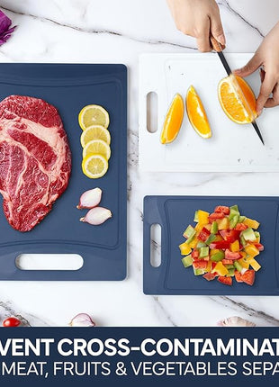 COOK WITH COLOR Non-Slip Cutting Board Set – Kitchen Essentials with Easy Grip Handle for Meat, Veggies, and Fruits, 3 Cutting Boards, Blue and White Marble