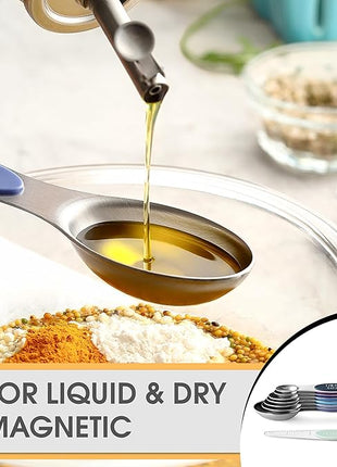 Spring Chef Stainless Steel Magnetic Measuring Spoons Set of 8 with Leveler, Dual Sided Metal Teaspoon & Tablespoon Measuring Spoons, Nesting Kitchen Gadgets for Baking & Cooking - Winter Frost