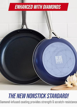 Blue Diamond 9.5” & 11" Nonstick Frying Pan Skillet Set, Diamond Infused PFAS & PTFE-Free Ceramic Pots & Pans, Dishwasher & Oven Safe, Stay Cool Handles, Durable Non Toxic Metal Utensil Safe, Blue