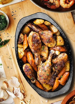 JY COOKMENT Granite Roaster Pan, Small 13” Enameled Roasting Pan with Domed Lid. Oval Turkey Roaster Pot, Broiler Pan Great for Small Chicken, Lamb. Dishwasher Safe Cookware Fit for 7Lb Bird