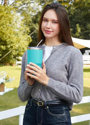 MEWAY 30oz Insulated Tumbler With Lids and Straws,Stainless Steel Double Vacuum Coffee Tumbler Cup, Brush, Durable Powder Coated Coffee Cup for Cold & Hot Drinks(Light Blue,8 PACK)