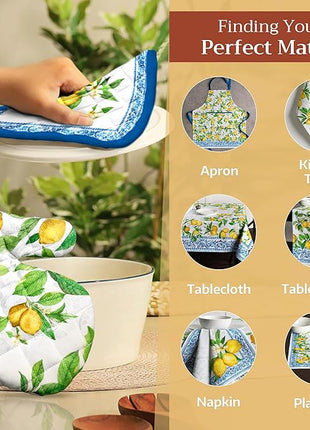 Maison d' Hermine 100% Cotton Oven Mitt & Pot Holder Set (7.5"x13" & 8"x8") Heat Resistant BBQ Cooking Gloves with Loop, Baking, Grilling, Kitchen, Handling Hot Pans Spring/Summer (Cedrat)