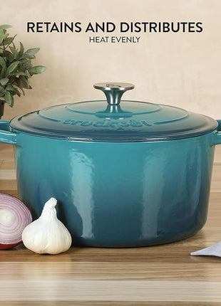 Crock Pot Artisan 6-Quart Round European Enameled Cast Iron Dutch Oven Pot With Lid -Teal Ombre