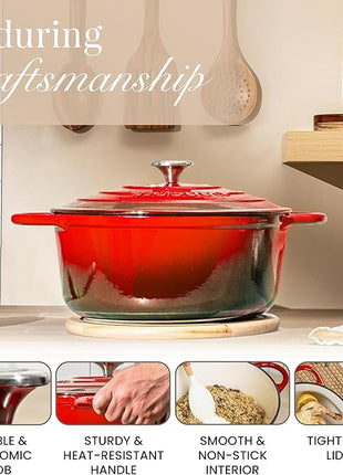 Nuovva Enamelled Cast Iron Dutch Oven Pot with Lid – 6.4 Quart Non Stick Casserole Pot – Heavy Duty & Oven Safe up to 500° F for Bread Baking, Braising, Stews, Roasting – 28cm Red