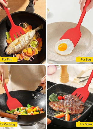 Pack of 2 Silicone Spatula Turners, Non Stick Slotted Kitchen Spatula Set, Heat Resistant BPA Free Kitchen Utensils, One-Piece Design, Suitable for Flipping Fish, Eggs, Steak, Pancakes (RED)