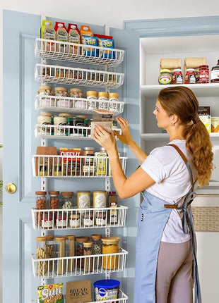 Over The Door Pantry Organizer, Pantry Organization and Storage, 8-Tier Deep Baskets Hanging Heavy-Duty Metal, Wall Spice Rack Seasoning Shelves for Home & Kitchen, Laundry Room Bathroom, White