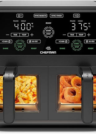 CHEFMAN 6 Quart Dual Basket Air Fryer Oven with Easy View Windows, Sync Finish, Hi-Fry, Auto Shutoff, 2 Independent 3Qt Nonstick Dishwasher Safe Frying Baskets, Digital Double Air Fryer - Black