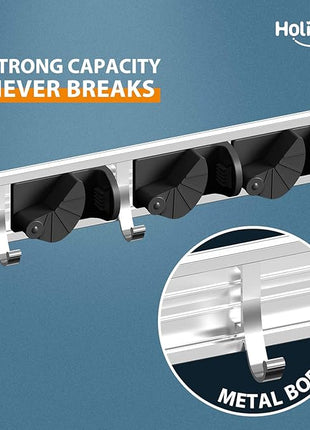 Holikme Mop Broom Holder Wall Mount Metal Pantry Organization and Storage Garden Kitchen Tool Organizer Wall Hanger for Home Goods (4 Positions with 4 Hooks, Black)