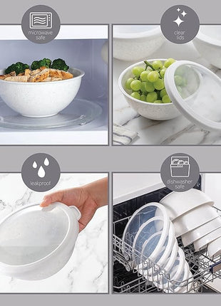 COOK WITH COLOR Mixing Bowls with TPR Lids - 12 Piece Plastic Nesting Bowls Set includes 6 Prep Bowls and 6 Lids, Microwave Safe Mixing Bowl Set (Speckled White)