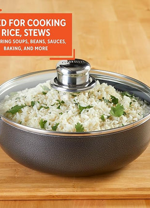 IMUSA 6.9qt Charcoal Aluminum Nonstick Caldero with Glass Lid, Black