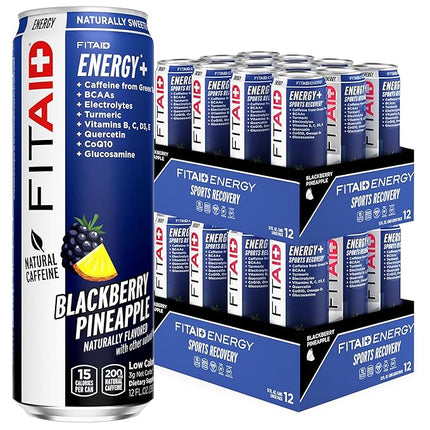FITAID ENERGY, 200mg Natural Caffeine, Keto, Blackberry Pineapple, Optimum Performance Formula: BCAAs, Quercetin, Electrolytes, Omega-3s, 15 calories, Paleo, Vegan & Gluten-Free 12 Fl Oz (Pack of 24)