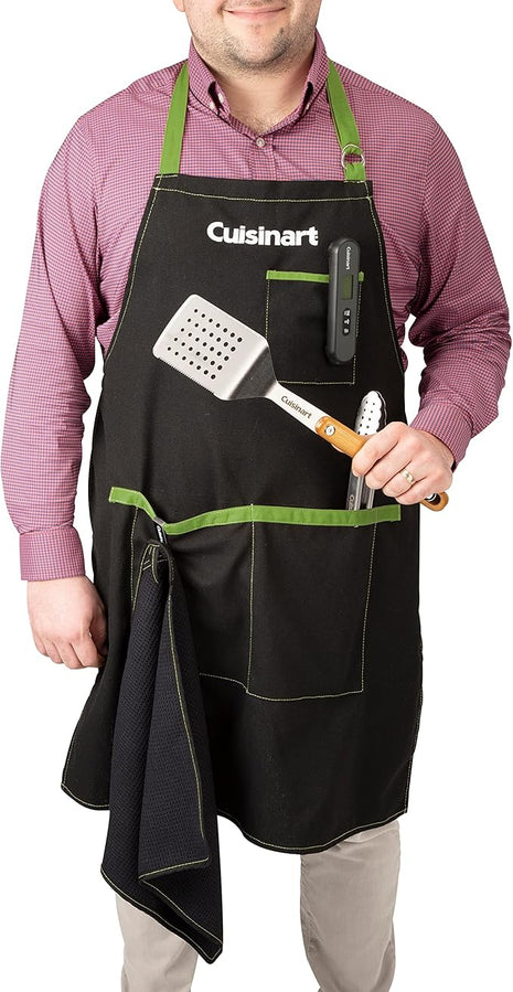 Cuisinart CFA-156 BBQ Apron and Magnetic Towel Set, Adjustable Grill Apron with Large Front Pockets