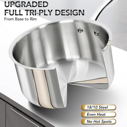 MICHELANGELO 1Qt & 2Qt Tri-ply Stainless Steel Saucepan Set, Small Cooking Pots with Tempered Glass Lids, Induction Ready, Oven & Dishwasher Safe, Multipurpose Sauce Pans for Home Kitchen & Restaurant