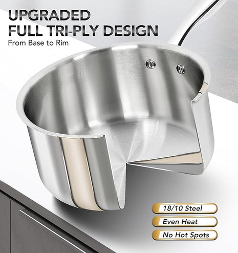 MICHELANGELO 1Qt & 2Qt Tri-ply Stainless Steel Saucepan Set, Small Cooking Pots with Tempered Glass Lids, Induction Ready, Oven & Dishwasher Safe, Multipurpose Sauce Pans for Home Kitchen & Restaurant