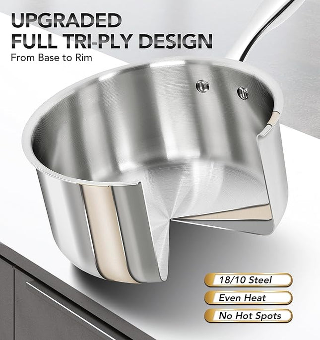 MICHELANGELO 1Qt & 2Qt Tri-ply Stainless Steel Saucepan Set, Small Cooking Pots with Tempered Glass Lids, Induction Ready, Oven & Dishwasher Safe, Multipurpose Sauce Pans for Home Kitchen & Restaurant