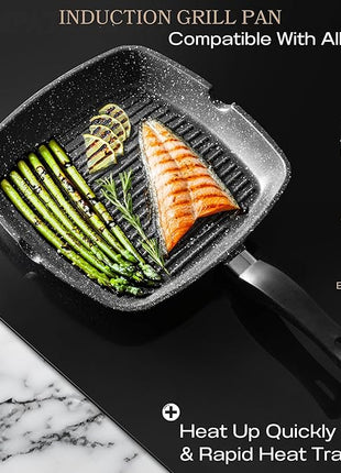 Moss & Stone Aluminum Nonstick Grill Pan for Stove Tops, Versatile Griddle Skillet with Pour Spouts, 11 Inch Square Grill Pan Big Cooking Surface, Durable Skillet For Indoor Cooking & Outdoor Grilling
