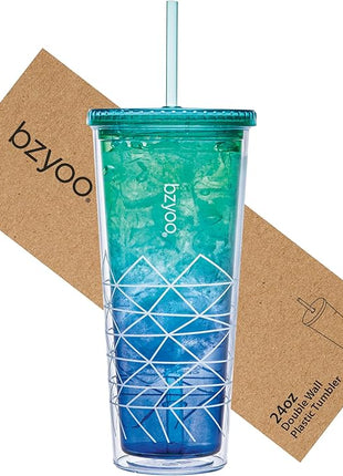 bzyoo SIP 24oz (710ml) Double Wall Plastic Tumbler with Lid and Straw Cold Drink Travel Mug Party Reusable Cup For Office Outdoor Dining Gift For Him & Her (Blue & Green)