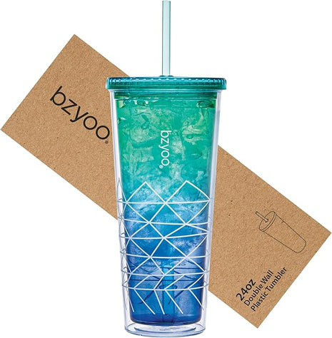 bzyoo SIP 24oz (710ml) Double Wall Plastic Tumbler with Lid and Straw Cold Drink Travel Mug Party Reusable Cup For Office Outdoor Dining Gift For Him & Her (Blue & Green)