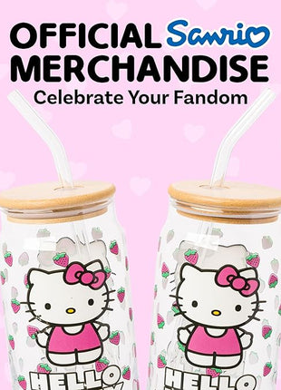 Silver Buffalo Sanrio Hello Kitty Strawberry Glass Jar Tumbler with Bamboo Lid and Glass Straw, 16 Ounces
