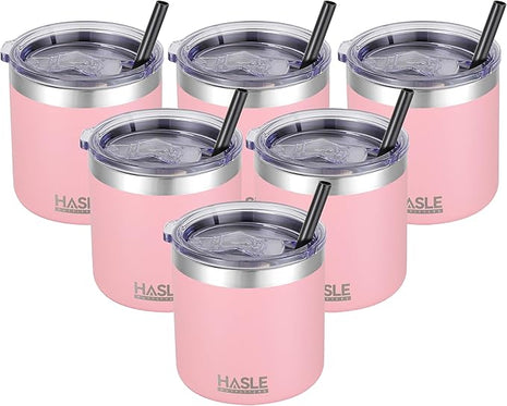 HASLE OUTFITTERS 10oz Insulated Tumblers with Lid and Straw,Stainless Steel Tumbler Travel Coffee Mug,Double Wall Reusable Tumbler Cup for Iced and Hot Drinks(Pink,6 Pack)