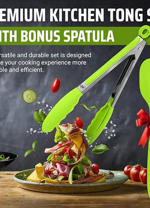 Kaluns Kitchen Tongs for Cooking Grilling Set of 4, BBQ Grill Tongs With Silicone Tip Stainless Steel Heat Resistant, Non-stick Pull Lock, Incl 7, 9, 12 Inch Tong Plus a Silicone Spatula