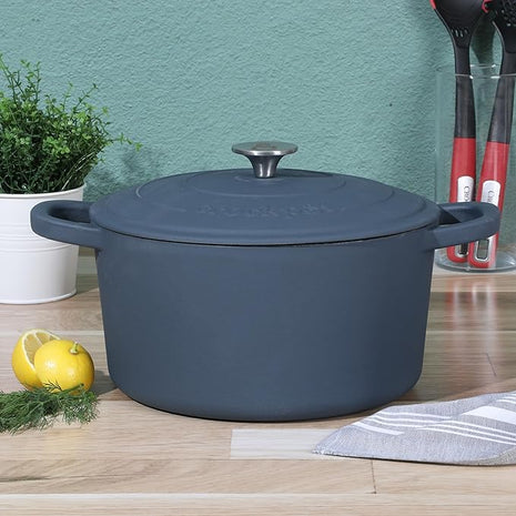Crock-Pot Artisan 7-Quart Round European Enameled Cast Iron Dutch Oven – Matte Navy Blue, Durable Oven Safe Cookware