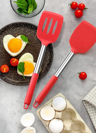 Silicone Spatula Set of 2, E-far Solid & Slotted Turner for Nonstick Cookware, Heat Resistant Rubber Kitchen Cooking Utensils for Flipping Fish Pancake Egg - Red